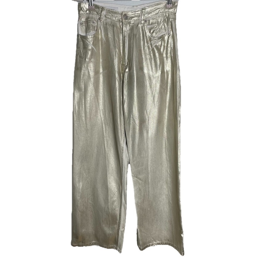 ZARA Gold FOIL METALLIC JEANS Wide Leg Size 6